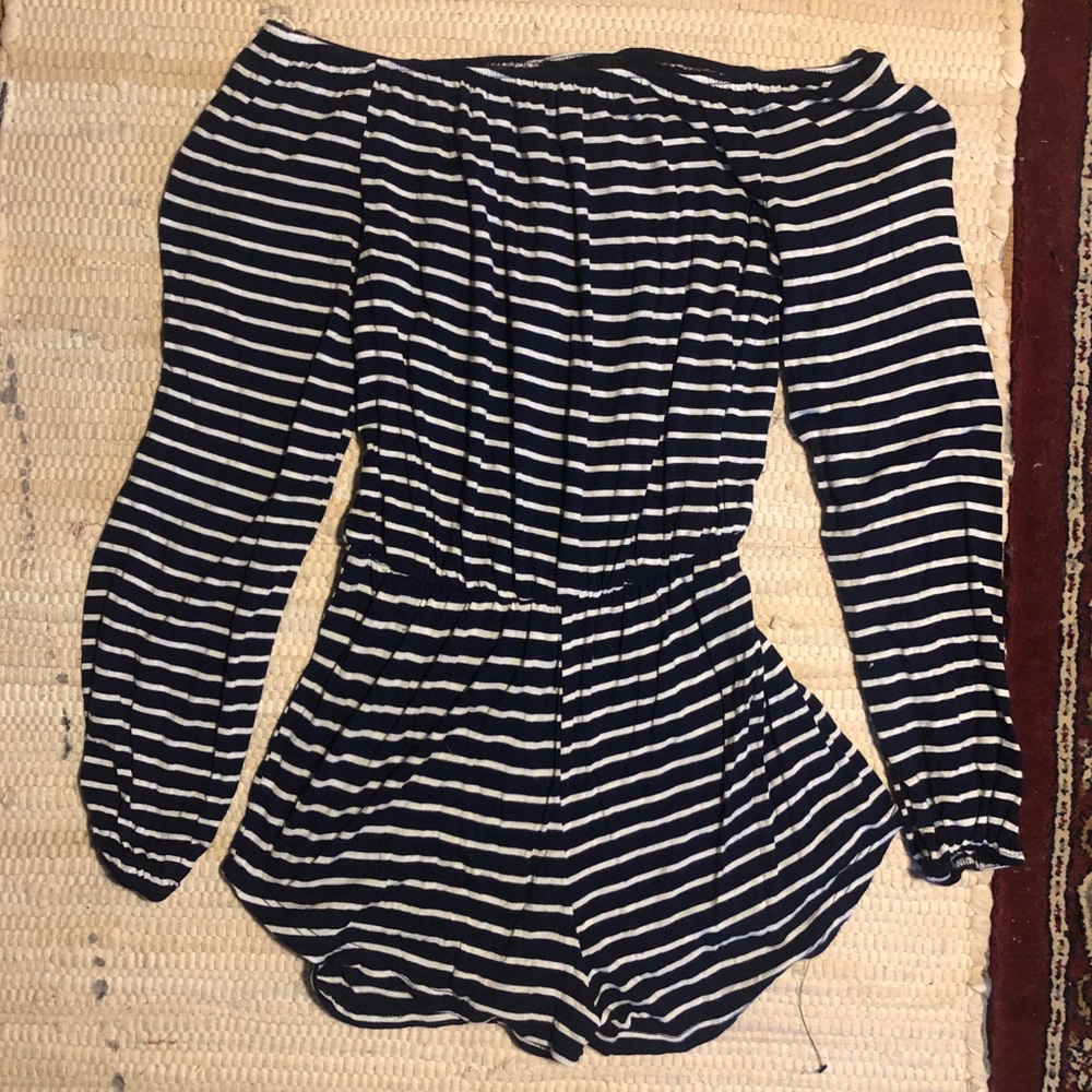 Off the Shoulder Romper- Striped Navy and White